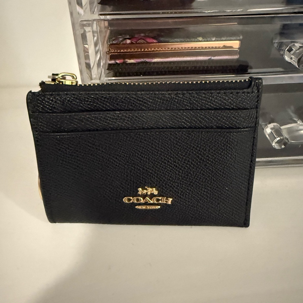 Coach Black Leather Card Holder with Gold Accents